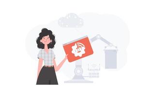 A woman is holding an internet thing icon in her hands. Internet of things concept. Good for websites and presentations. Trendy flat style. Vector. vector