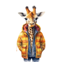 vattenfärg giraff klädd i kläder . ai genererad png