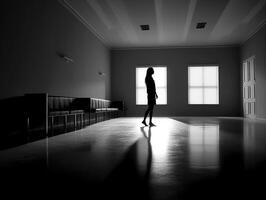 black and white picture of a silhouette in the empty room photo