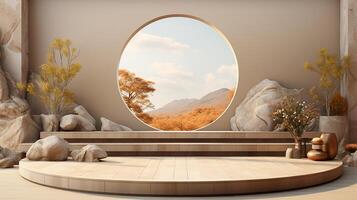 Podium background with cream color tone japanese style made by photo