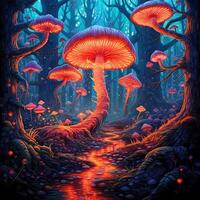 Forest filled with fantasy neon trees and mushroom AI generative photo