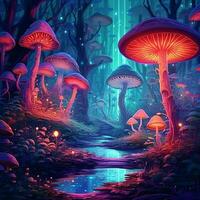 Forest filled with fantasy neon trees and mushroom AI generative photo