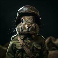 un Conejo soldado en el medio de el guerra generado por ai foto