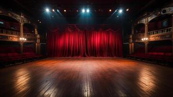 teatro escenario, con rojo cortina, de madera piso, sillas y Encendiendo ai generativo foto