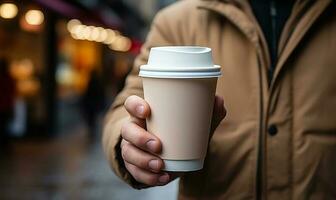 hand holding paper coffee cup generated by AI photo