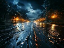 autopista la carretera en el noche con pesado lluvia y relámpago ai generativo foto