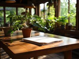 paper on the wooden table, real photography with smooth lighting and sun light AI generate photo