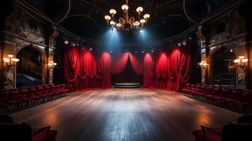 teatro escenario, con rojo cortina, de madera piso, sillas y Encendiendo ai generativo foto