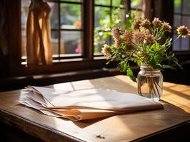 paper on the wooden table, real photography with smooth lighting and sun light AI generate photo