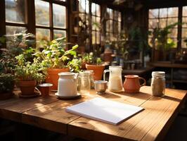 paper on the wooden table, real photography with smooth lighting and sun light AI generate photo