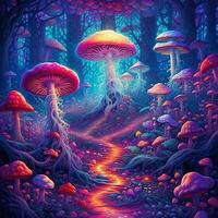 Forest filled with fantasy neon trees and mushroom AI generative photo