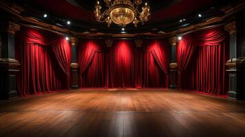 teatro escenario, con rojo cortina, de madera piso, sillas y Encendiendo ai generativo foto