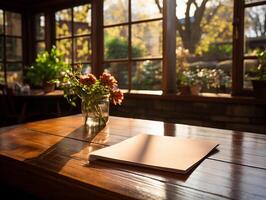 paper on the wooden table, real photography with smooth lighting and sun light AI generate photo