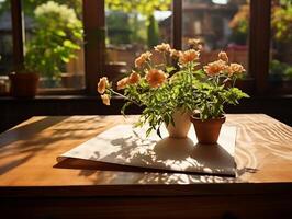 paper on the wooden table, real photography with smooth lighting and sun light AI generate photo