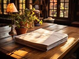 papel en el de madera mesa, real fotografía con suave Encendiendo y Dom ligero ai generar foto