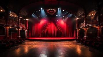 teatro escenario, con rojo cortina, de madera piso, sillas y Encendiendo ai generativo foto