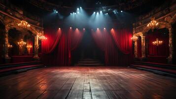 theater stage, with red curtain, wooden floor, chairs and lighting AI generative photo