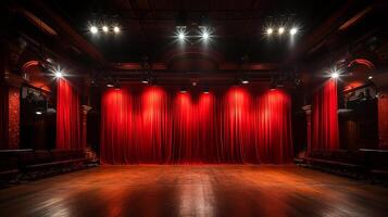 teatro escenario, con rojo cortina, de madera piso, sillas y Encendiendo ai generativo foto