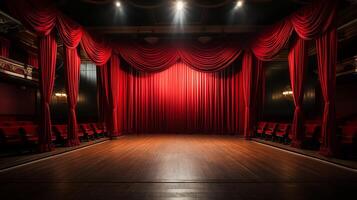 teatro escenario, con rojo cortina, de madera piso, sillas y Encendiendo ai generativo foto