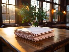 paper on the wooden table, real photography with smooth lighting and sun light AI generate photo