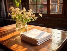 paper on the wooden table, real photography with smooth lighting and sun light AI generate photo