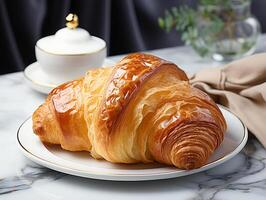 photography of french croissant on the white marble table AI generated photo