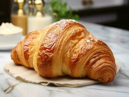 photography of french croissant on the white marble table AI generated photo