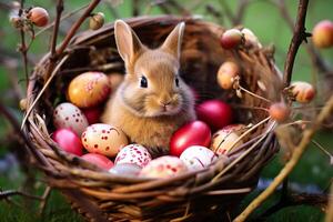 Cute bunny with Easter eggs in basket. photo