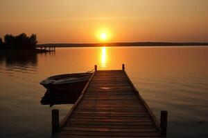 puesta de sol en el lago con de madera embarcadero y bote. ai generativo foto