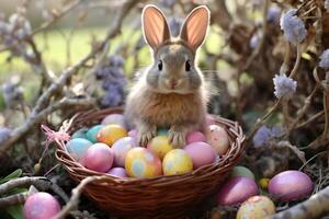 Cute bunny with Easter eggs in basket. photo