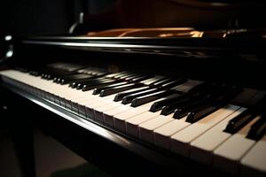 Close-up of a black piano and piano keys. photo