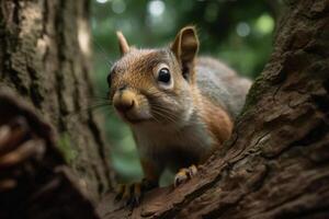Playful squirrel on a tree. photo