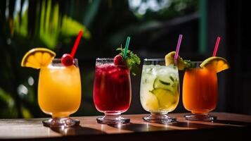 Set of delicious juices and fruits Summer fruits are ready to serve. . photo