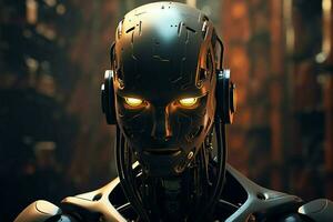 Cyborg robot in dark space. 3D rendering. Virtual reality. photo