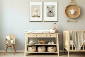 Baby room interior with crib, armchair, toys and photo frames. AI Generative