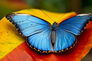 Blue butterfly on a leaf in the rainforest. AI Generative photo