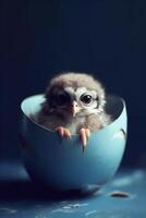 Cute little baby owl in blue egg cup on dark background. photo