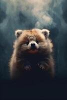 Cute little bear on dark background with smoke. photo