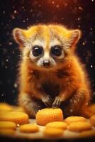 Cute little lemur sitting on the table and eating cookies. AI Generative photo