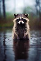 Portrait of a raccoon in a puddle in the rain. photo