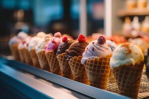 Ice cream in waffle on the shelf in the shop window. photo