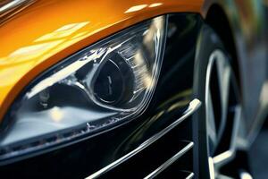 Closeup of a headlight of a modern orange sports car. AI Generative photo