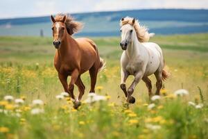 Two horses walking together in a green meadow with dandelions. photo