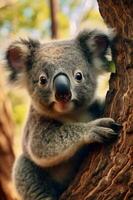 Close up of a cute koala bear on a tree. AI Generative photo