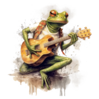 vattenfärg groda spelar gitarr . ai genererad png