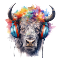 watercolor bison wearing headphones . AI Generated png