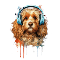 watercolor cockapoo dog wearing headphones . AI Generated png