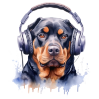 watercolor rottweiler dog wearing headphones . AI Generated png