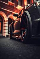 Close-up of the rear wheel of a black sports car. photo