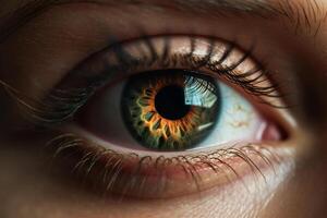 Intense gaze, close up of a green-brown iris. photo